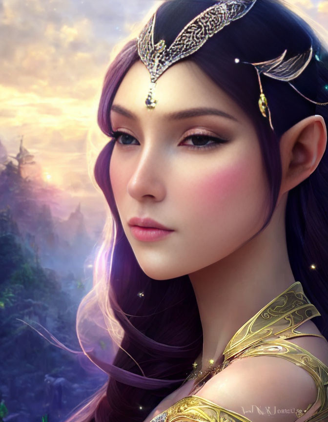 Female elf fantasy portrait with diadem, purple hair, pointed ears, and golden armor in mystical forest