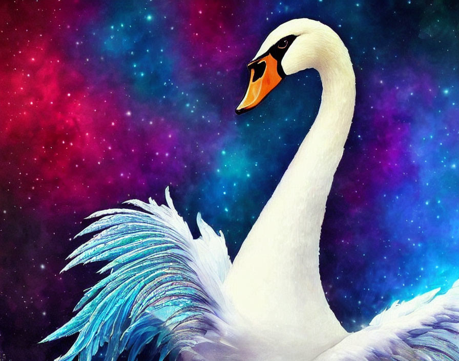 Graceful swan in vibrant cosmic backdrop with deep blues, purples, and star-like spe