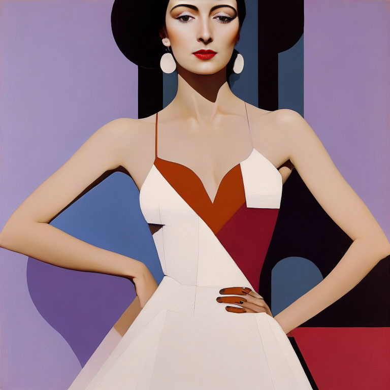 Stylized portrait of woman in chic hat and white dress.