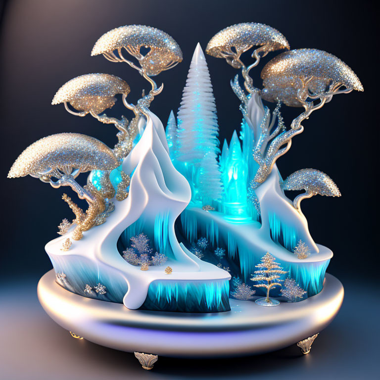 Glowing icy landscape with mushroom structures and central spire