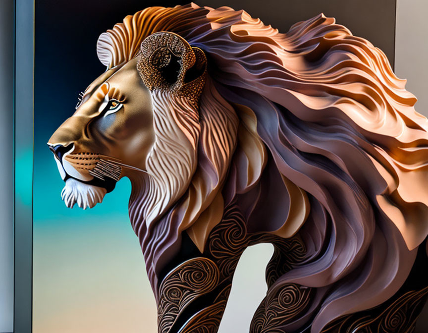 Lion with stylized mane and intricate patterns on gradient background