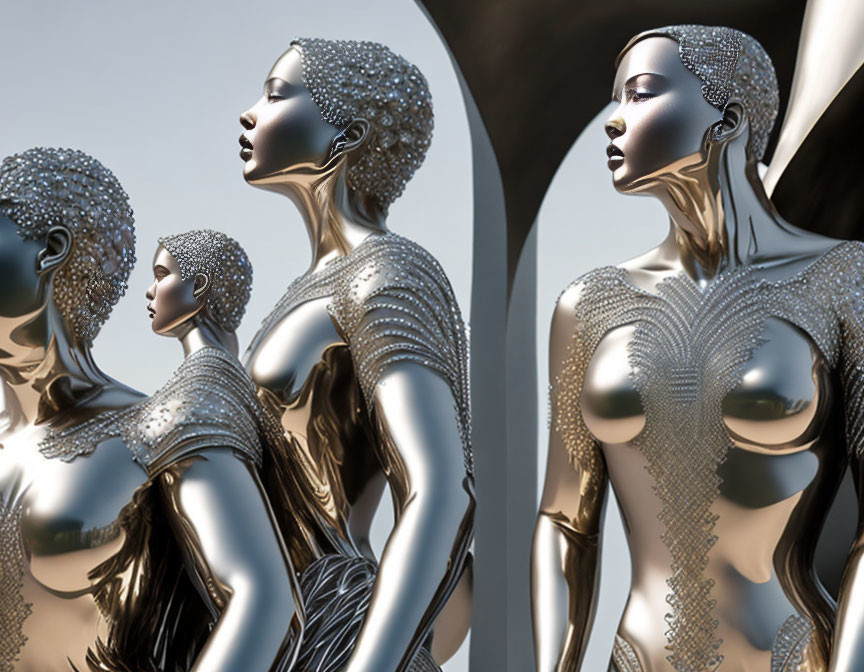 Metallic female figures with intricate textures and reflective surfaces adorned with bead-like embellishments.