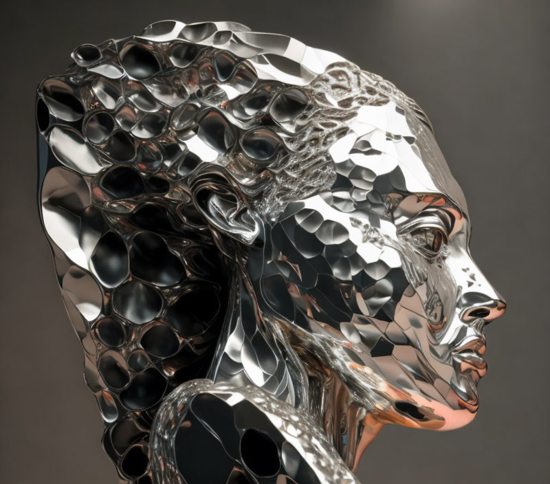 Metallic human head sculpture with honeycomb-like design profile view