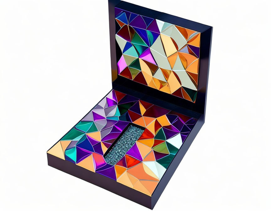 Colorful, geometric-patterned open box with faceted, reflective design and bedazzled center