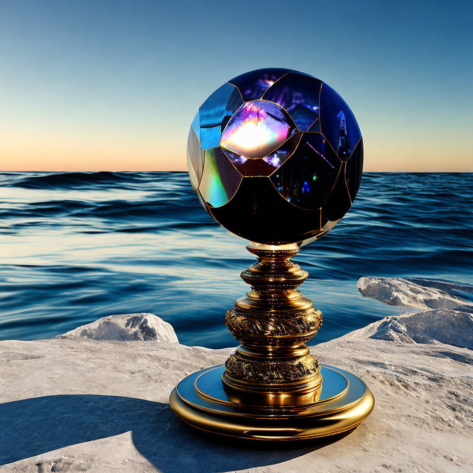 Faceted Black Crystal Ball on Golden Stand with Ocean and Icebergs Background