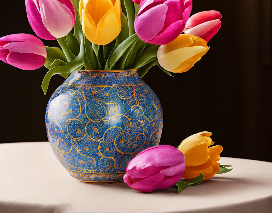 Vibrant tulips in blue vase on table with one tulip beside