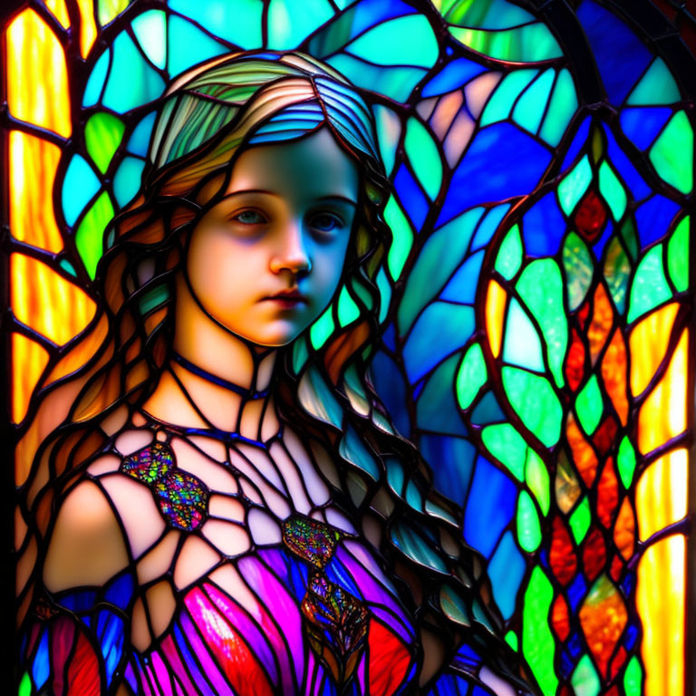 Colorful stained glass artwork with melancholic figure and intricate designs