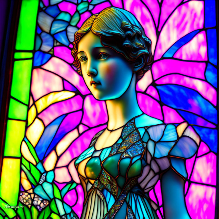 Colorful Stained Glass Artwork Featuring Detailed Figure