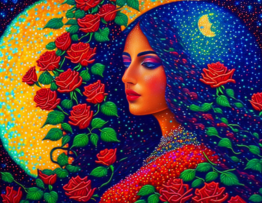 Colorful artwork: Woman's profile with roses and starry sky