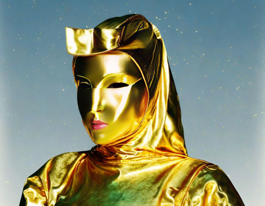 Golden hooded figure with metallic mask under starry sky.