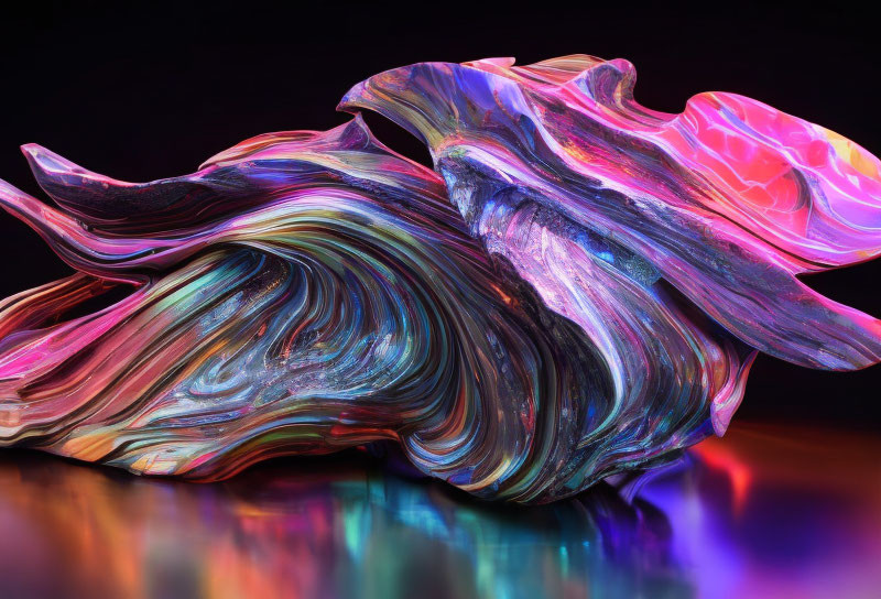 Iridescent Glass Sculpture with Swirls on Dark Background