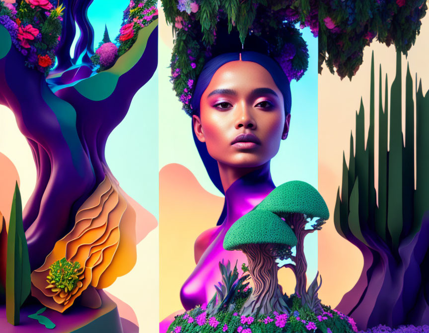 Digital artwork: Woman's portrait fused with vibrant nature motifs