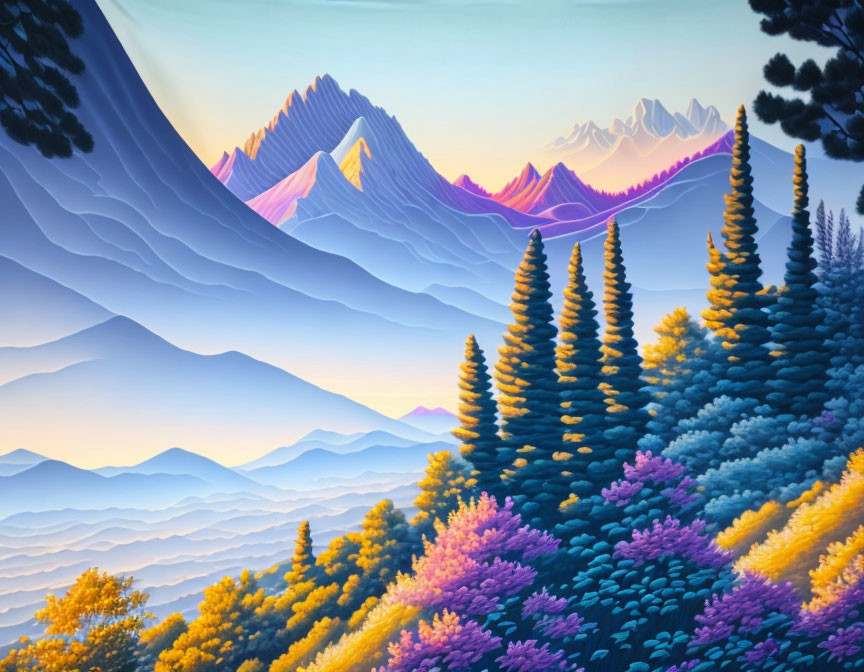 Tranquil landscape painting: Blue mountains, green pines, colorful hills under sunset