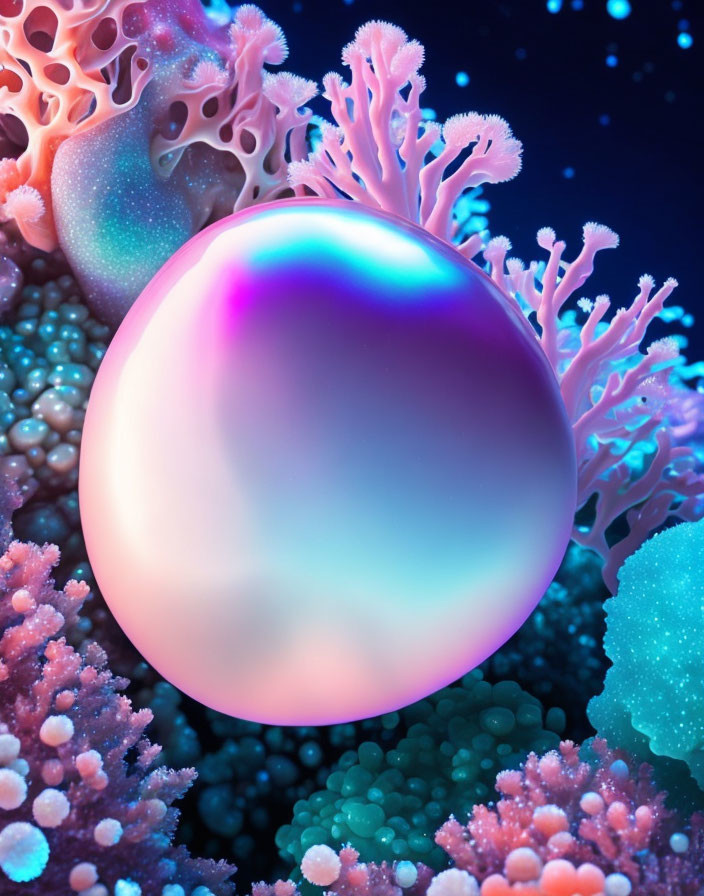 Iridescent Orb Surrounded by Colorful Coral Underwater