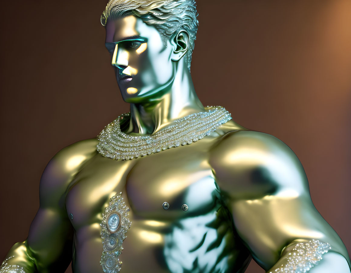 Golden muscular man statue adorned with ornate jewelry on soft brown backdrop