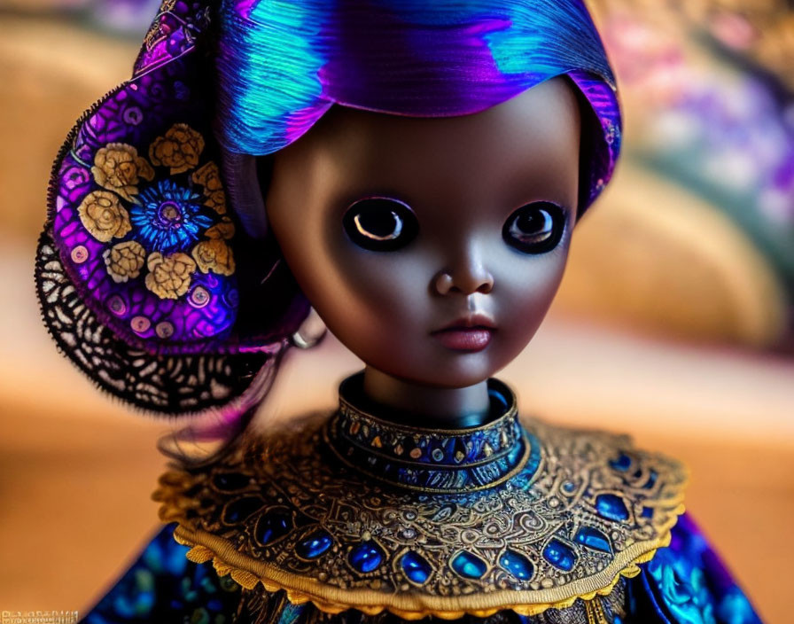 Doll with shiny black eyes in blue and gold traditional attire