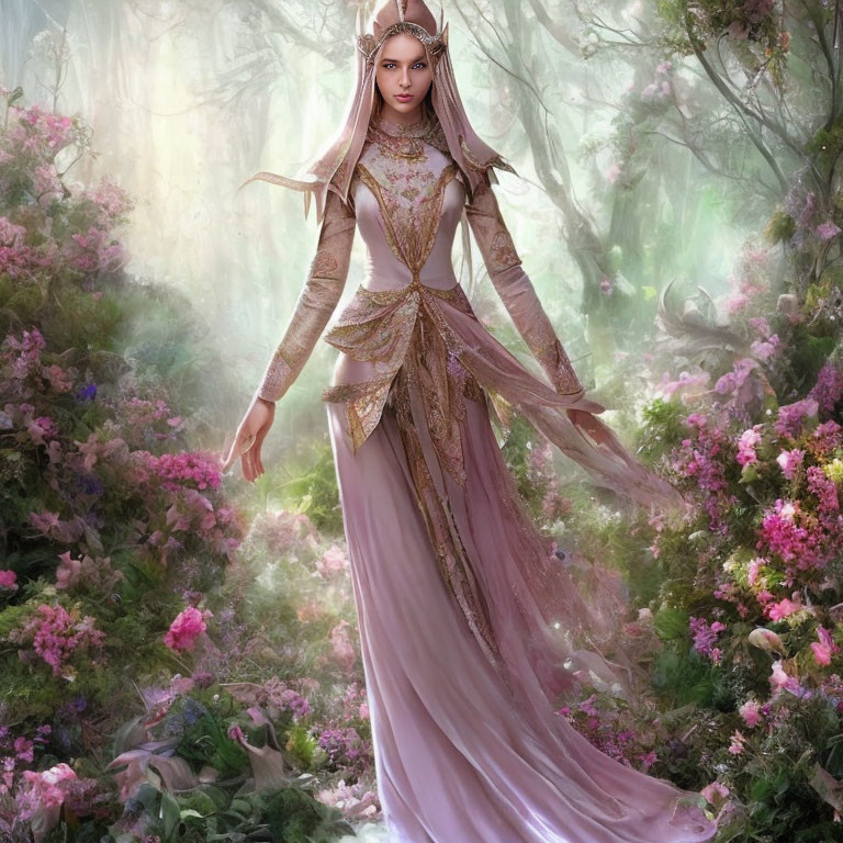 Ethereal figure in pink and gold gown in mystical forest