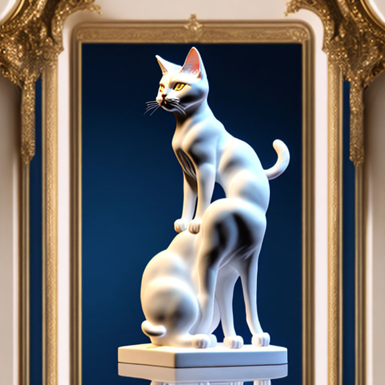 Stylized blue-and-white cat sculpture on gold-framed blue backdrop