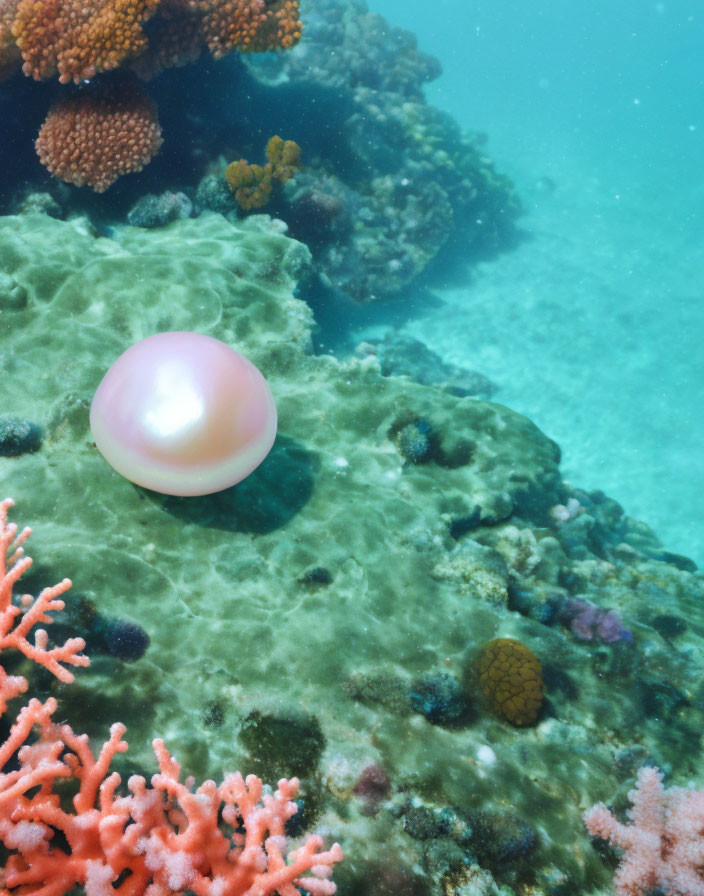 Pink Pearl Resting on Colorful Coral Reef Underwater