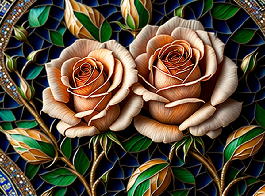 Intricately designed ceramic roses on blue mosaic background