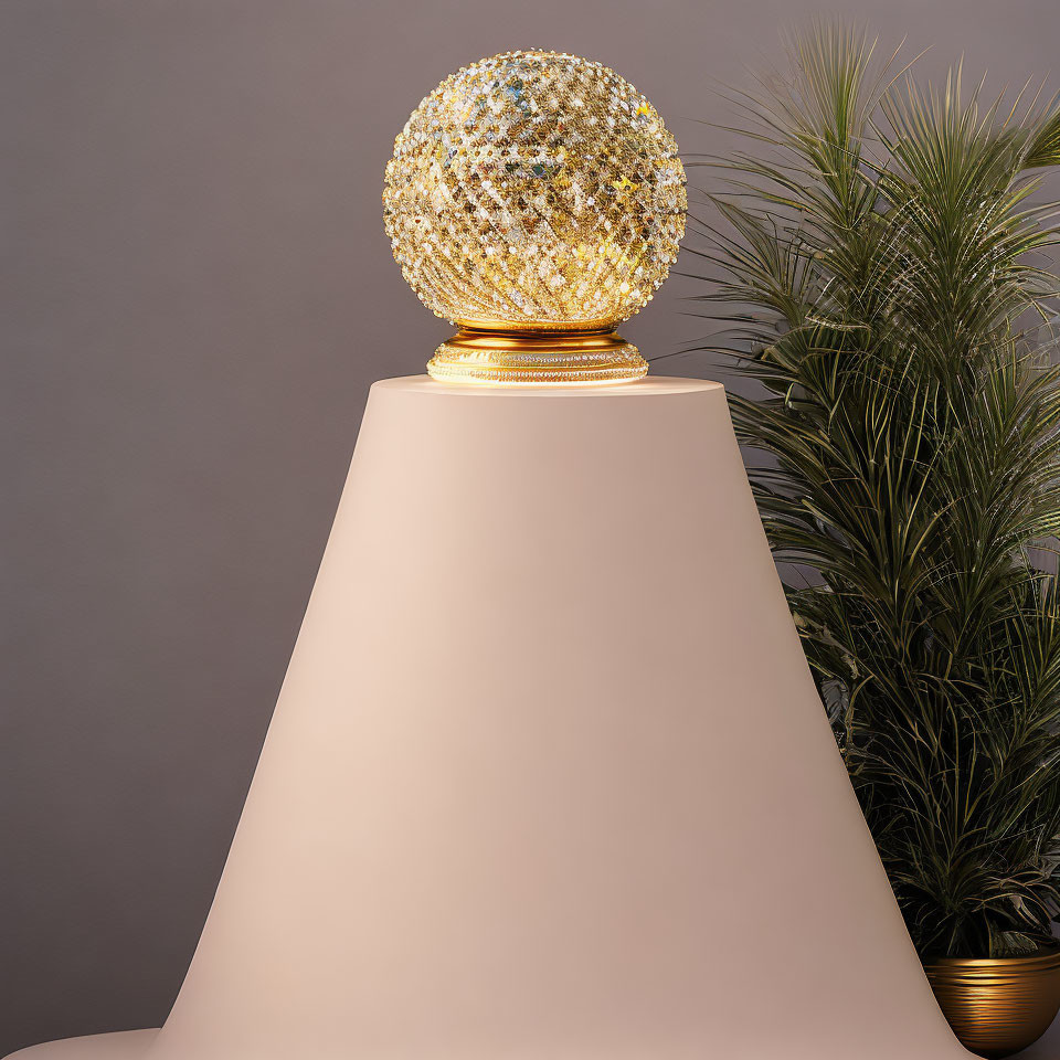 Golden Disco Ball on Conical Lamp Base with Potted Plant on Grey Background