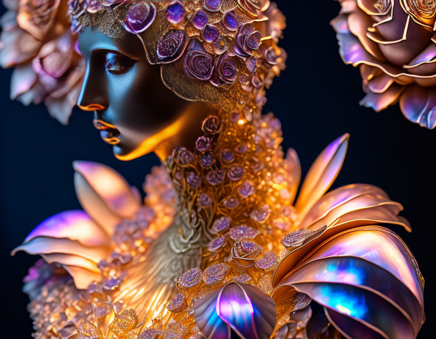 Golden floral headgear and shoulder piece on figure in dark background