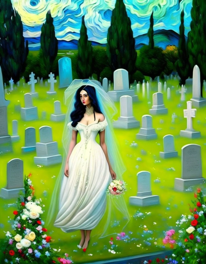 Blue-haired bride in surreal cemetery with vibrant grass and colorful flowers