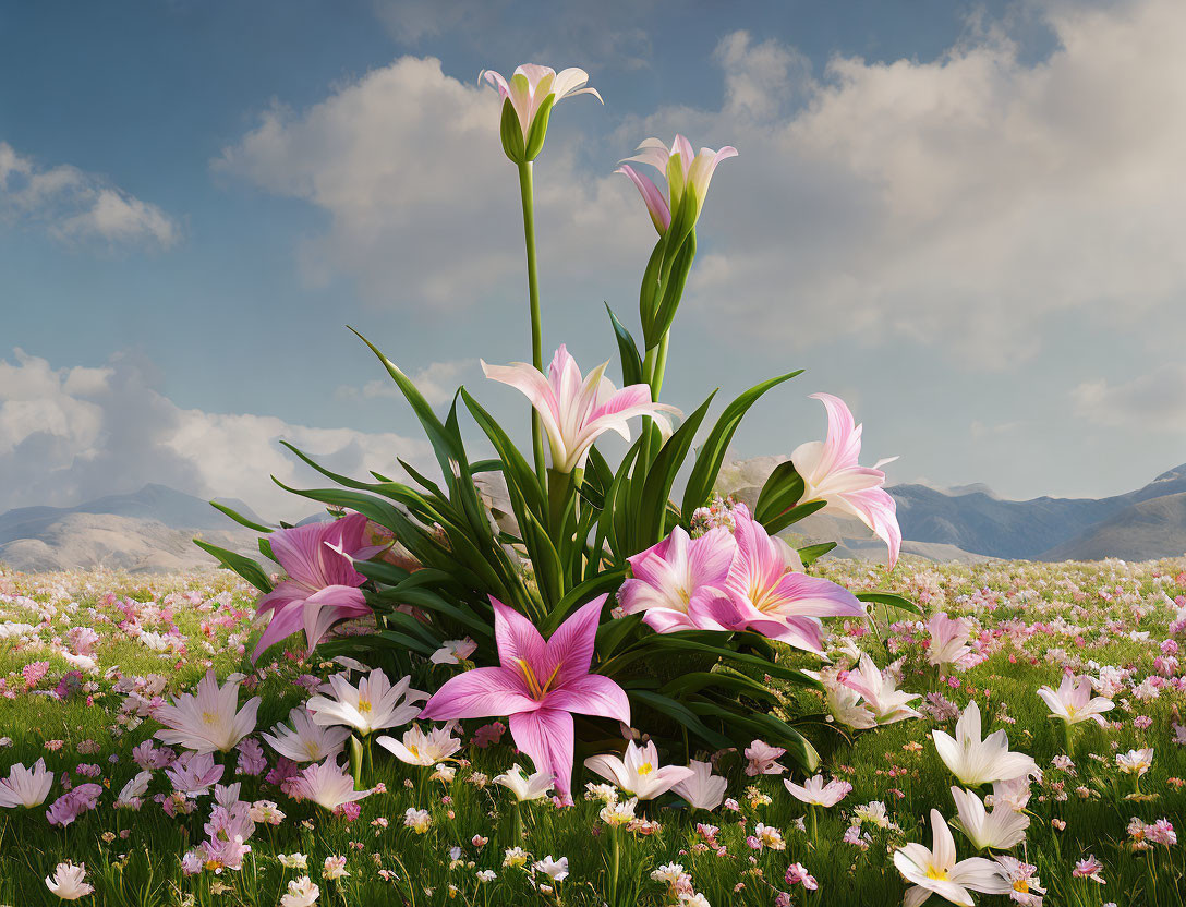 Pink and White Lilies in Meadow with Mountains and Blue Sky