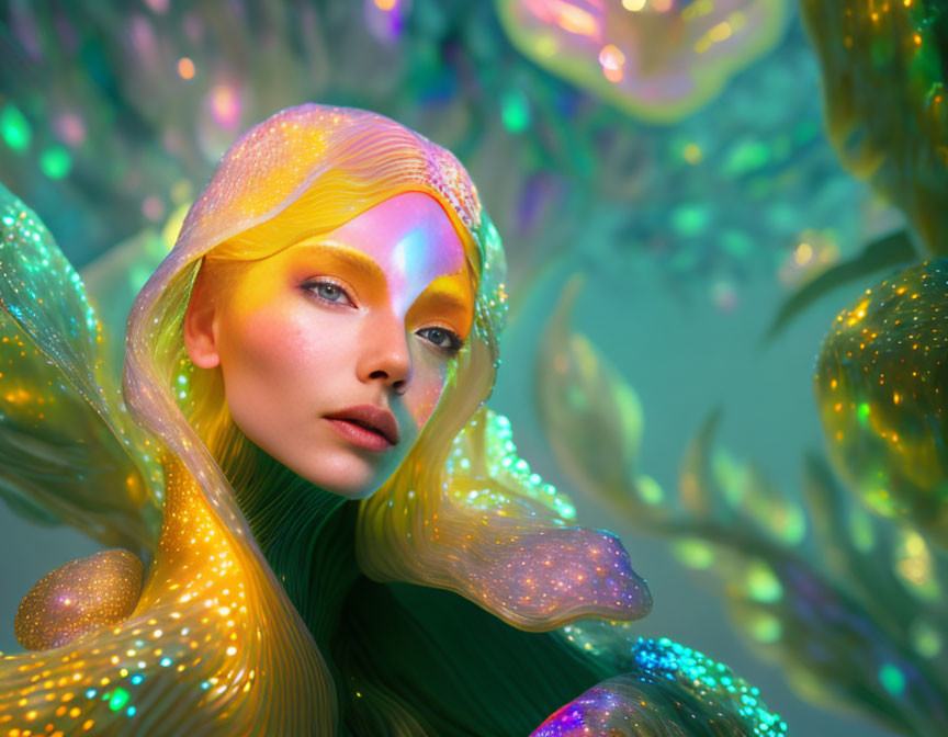 Glowing futuristic woman in iridescent attire among shimmering fantasy flora