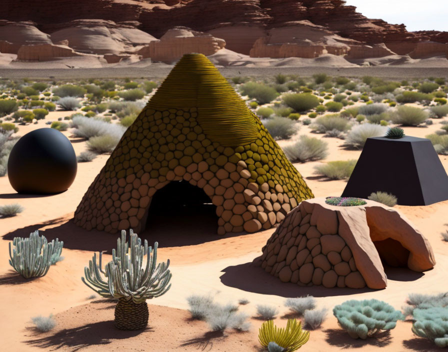 Futuristic desert landscape with organic huts, spherical objects, and stylized plants