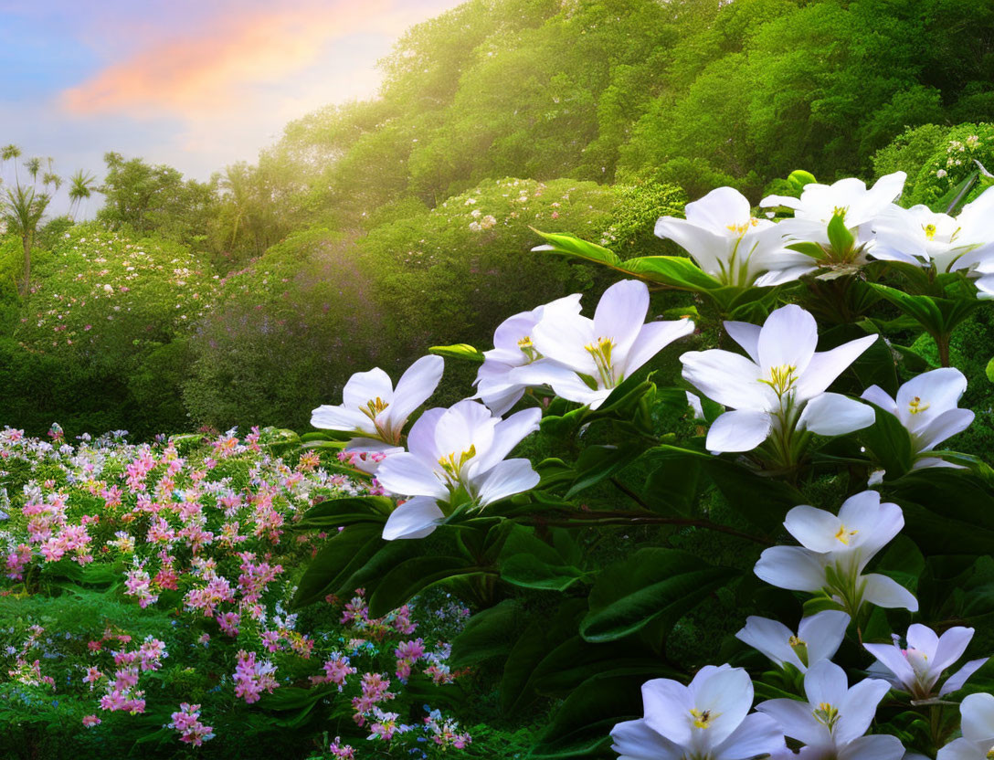 Lush Garden Scene with White and Pink Flowers at Dawn