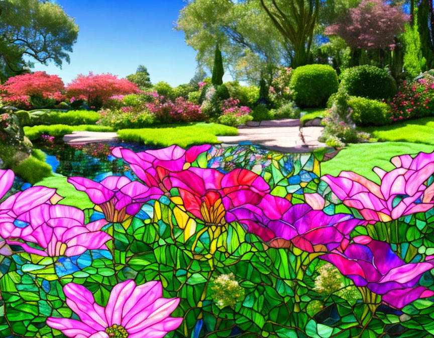 Colorful stained glass flower design with lush garden scenery