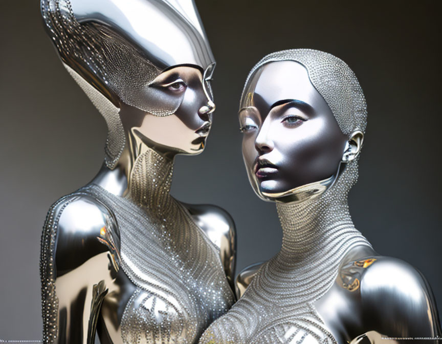 Metallic humanoid figures in close pose on neutral background.