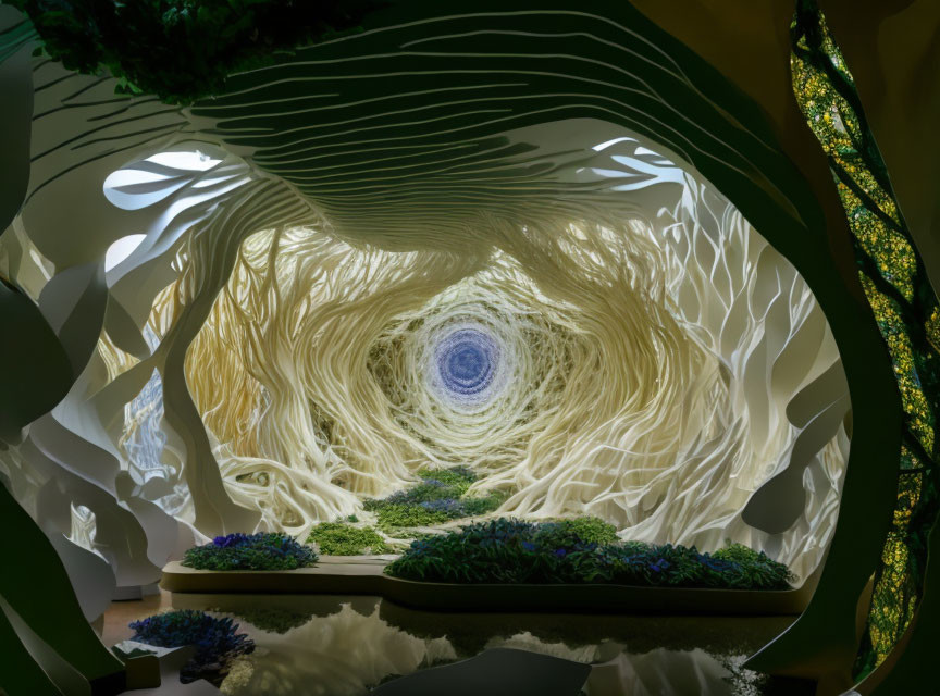 Art installation: Tunnel with layered walls, plant-covered floor, and luminescent end