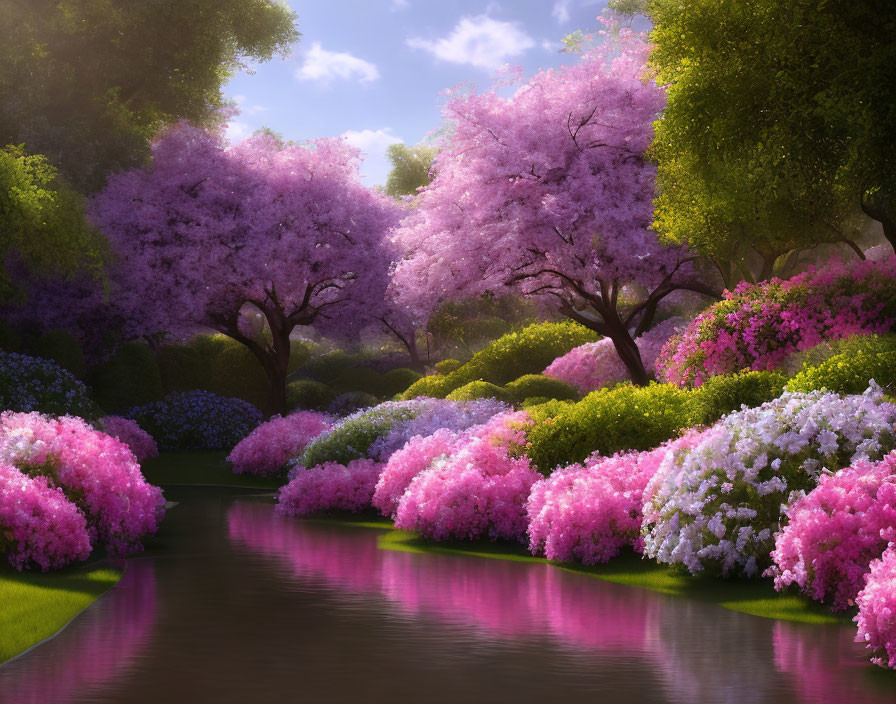 Tranquil garden with pink cherry trees, azaleas, river, and lush greenery