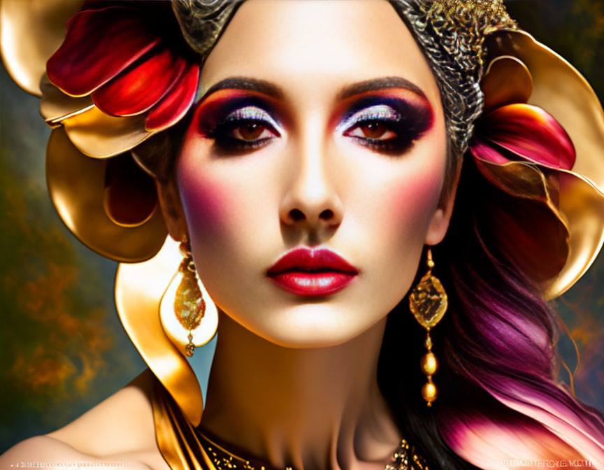 Woman with Red Eyeshadow, Gold Accessories, and Petal Hair Adornments