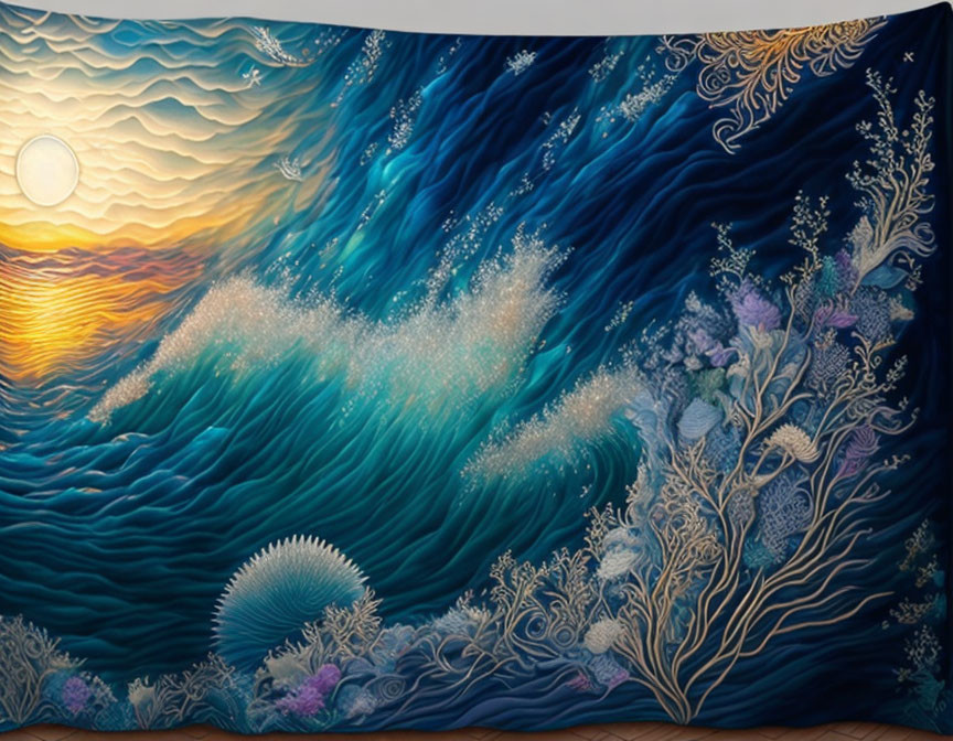 Colorful Ocean Scene Tapestry with Waves and Underwater Flora