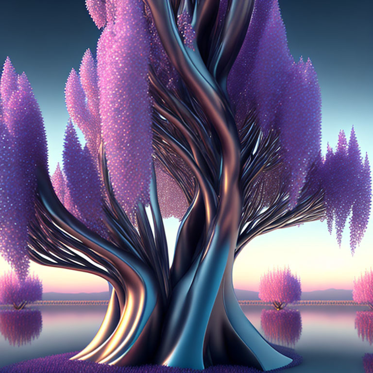 Twisted trees with purple foliage on reflective magenta surface