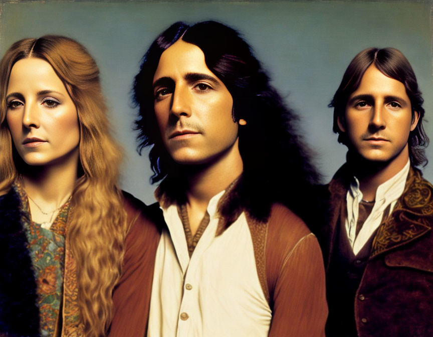 Trio in '70s Fashion: Long Blond Hair Woman, Dark Hair Man, and Blond Man