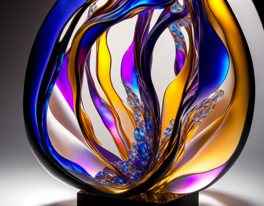 Colorful Abstract Glass Sculpture with Swirling Shapes and Reflective Lighting