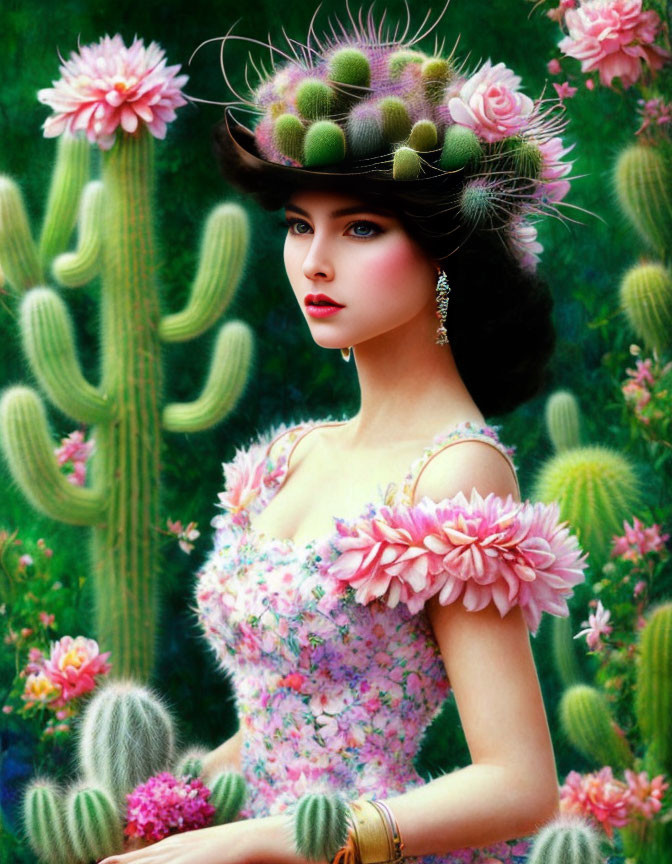 Woman in floral dress posing with cacti and cactus hat.