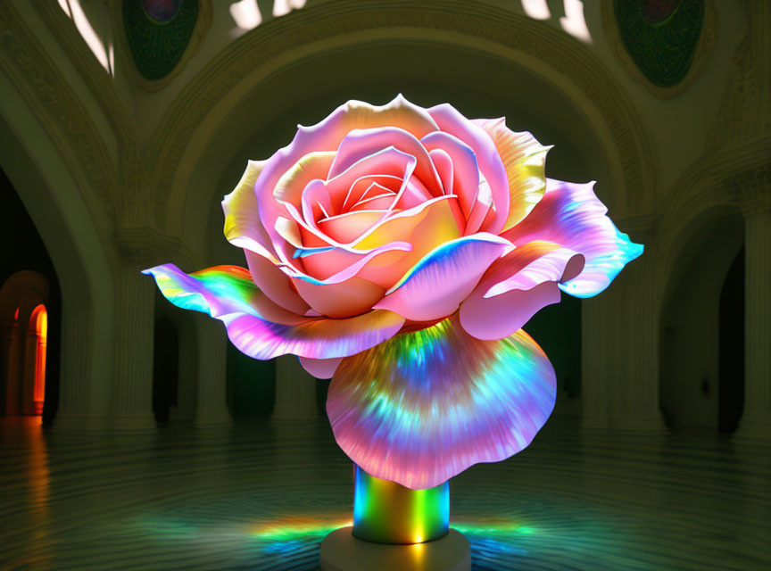 Multicolored rose sculpture in elegant room with arched doorways