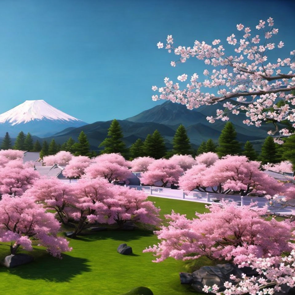 Tranquil Cherry Blossom Landscape with Mount Fuji