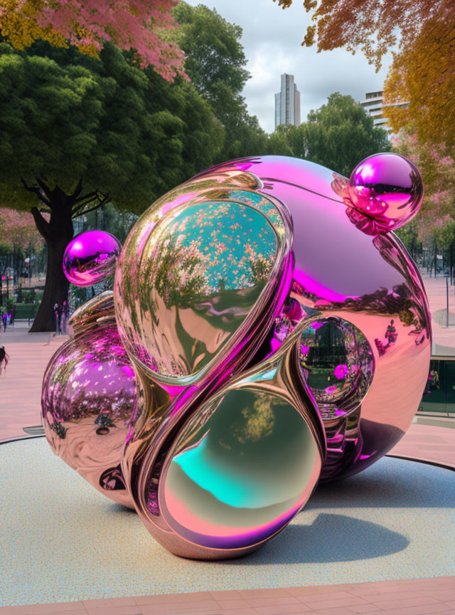 Sculpture with bulbous shapes in park with blooming trees and cityscape.