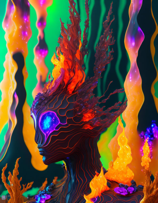 Colorful digital artwork: Figure with glowing blue eye and fiery tendrils on green background