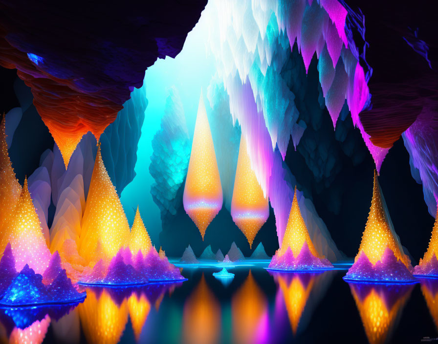 Colorful stalactites and stalagmites in a mystical cave reflection.