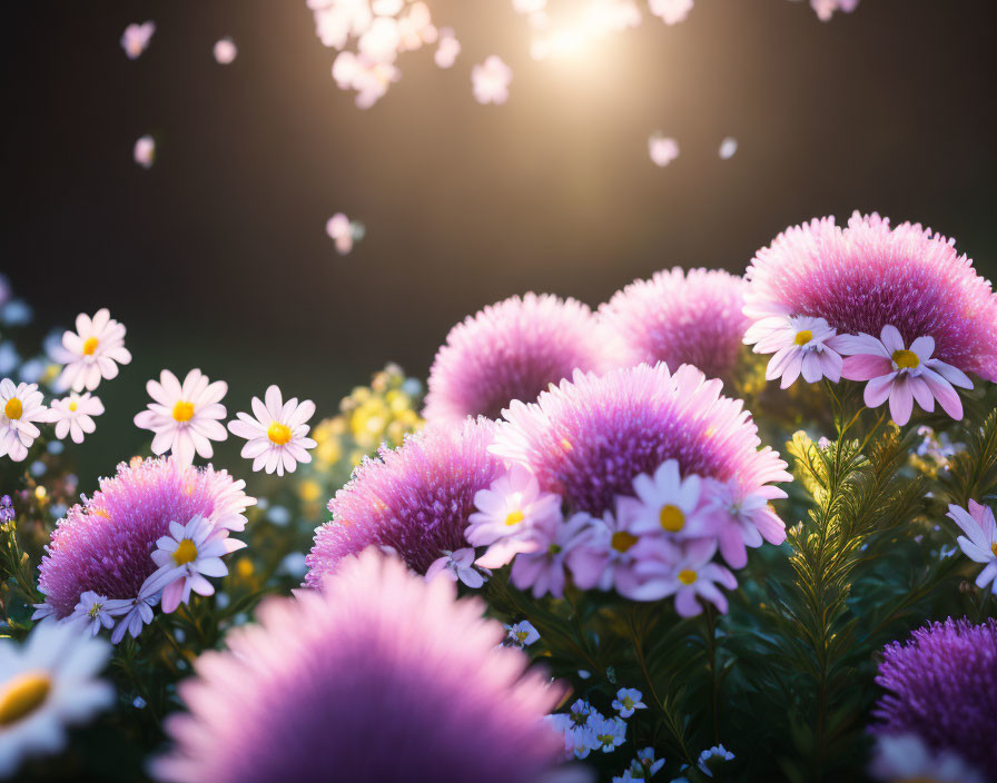 Tranquil garden scene with pink and white flowers in warm sunlight