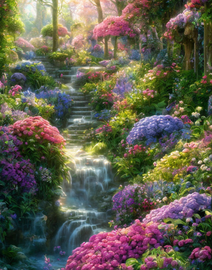 Tranquil garden with cascading waterfall and vibrant hydrangeas