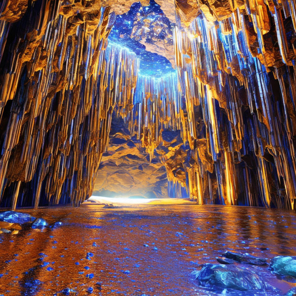 Majestic cave with glowing stalactites and reflective water.