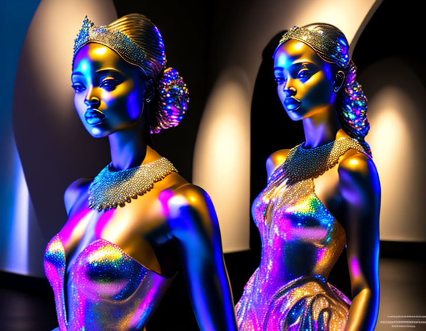 Metallic-hued female mannequins with elaborate headdresses and jewelry on dark background